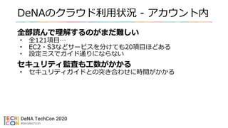 DeNAのクラウド利用状況 - アカウント内
全部読んで理解するのがまだ難しい
• 全121項目…
• EC2・S3などサービスを分けても20項目ほどある
• 設定ミスでガイド通りにならない
セキュリティ監査も工数がかかる
• セキュリティガイドとの突き合わせに時間がかかる
 