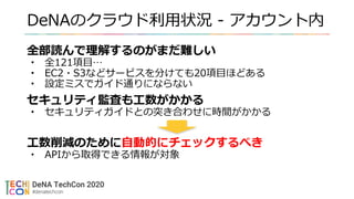 DeNAのクラウド利用状況 - アカウント内
全部読んで理解するのがまだ難しい
• 全121項目…
• EC2・S3などサービスを分けても20項目ほどある
• 設定ミスでガイド通りにならない
セキュリティ監査も工数がかかる
• セキュリティガイドとの突き合わせに時間がかかる
工数削減のために自動的にチェックするべき
• APIから取得できる情報が対象
 