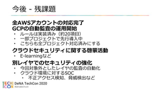 今後 - 残課題
全AWSアカウントの対応完了
GCPの自動監査の運用開始
• ルールは実装済み（約20項目）
• 一部プロジェクトで先行導入中
• こちらも全プロジェクト対応済みにする
クラウドセキュリティに関する啓蒙活動
• E-learningなど
別レイヤでのセキュリティの強化
• 今回対象外としたレイヤの監査の自動化
• クラウド環境に対するSOC
• 不正アクセス検知、脅威検出など
 
