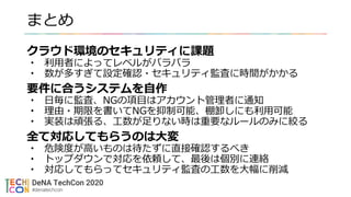 まとめ
クラウド環境のセキュリティに課題
• 利用者によってレベルがバラバラ
• 数が多すぎて設定確認・セキュリティ監査に時間がかかる
要件に合うシステムを自作
• 日毎に監査、NGの項目はアカウント管理者に通知
• 理由・期限を書いてNGを抑制可能、棚卸しにも利用可能
• 実装は頑張る、工数が足りない時は重要なルールのみに絞る
全て対応してもらうのは大変
• 危険度が高いものは待たずに直接確認するべき
• トップダウンで対応を依頼して、最後は個別に連絡
• 対応してもらってセキュリティ監査の工数を大幅に削減
 