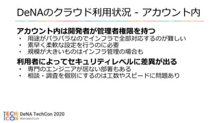 DeNAのクラウド利用状況 - アカウント内
アカウント内は開発者が管理者権限を持つ
• 用途がバラバラなのでインフラで全部対応するのが難しい
• 素早く柔軟な設定を行うのに必要
• 規模が大きいものはインフラ管理の場合も
利用者によってセキュリティレベルに差異が出る
• 専門のエンジニアが居ない部署もある
• 相談・調査を個別にするのは工数やスピードに問題あり
 