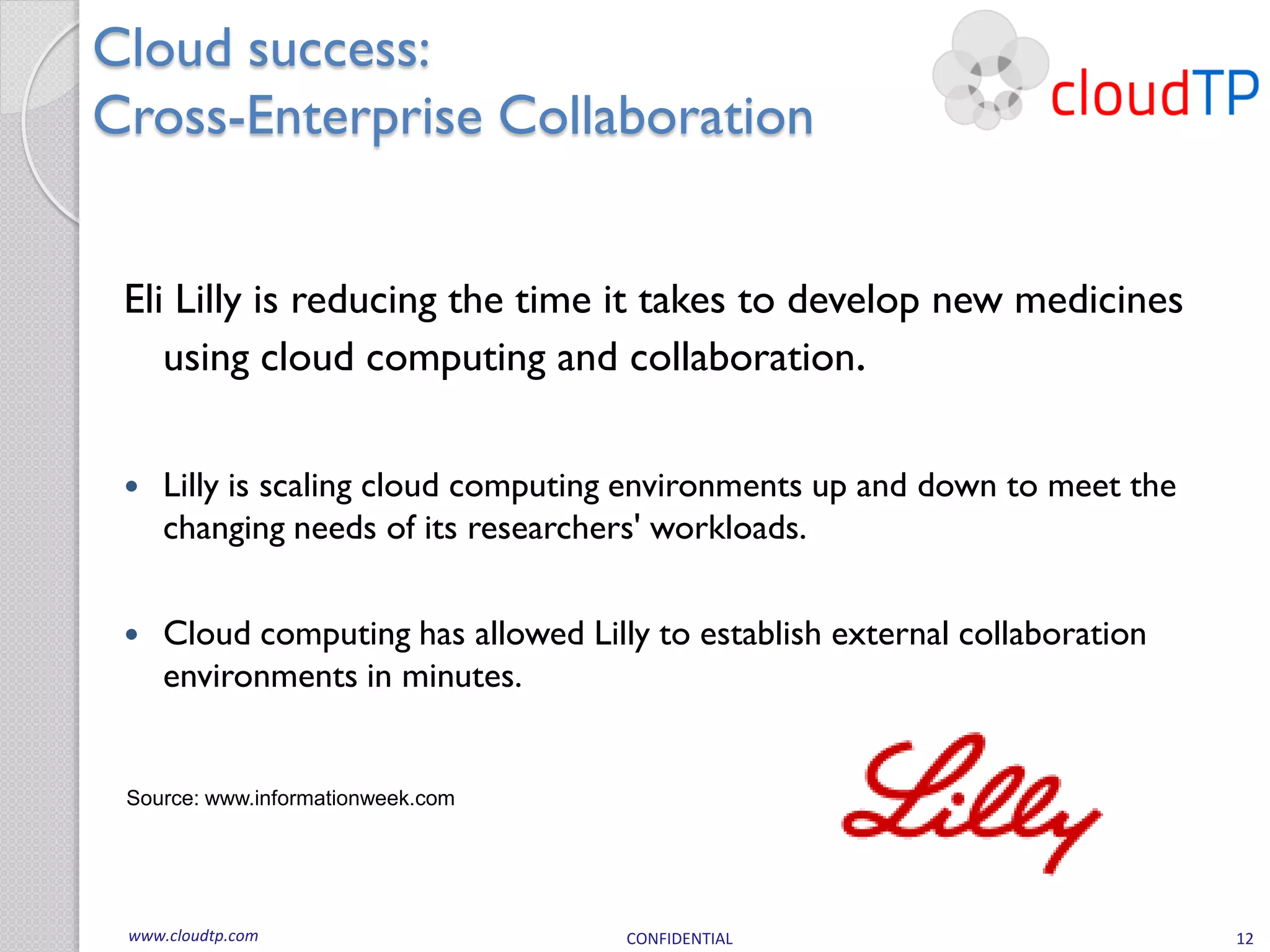 Cloud success:
Cross-Enterprise Collaboration


 Eli Lilly is reducing the time it takes to develop new medicines
    using cloud computing and collaboration.

    Lilly is scaling cloud computing environments up and down to meet the
     changing needs of its researchers' workloads.

    Cloud computing has allowed Lilly to establish external collaboration
     environments in minutes.


 Source: www.informationweek.com




 www.cloudtp.com                     CONFIDENTIAL                            12
 