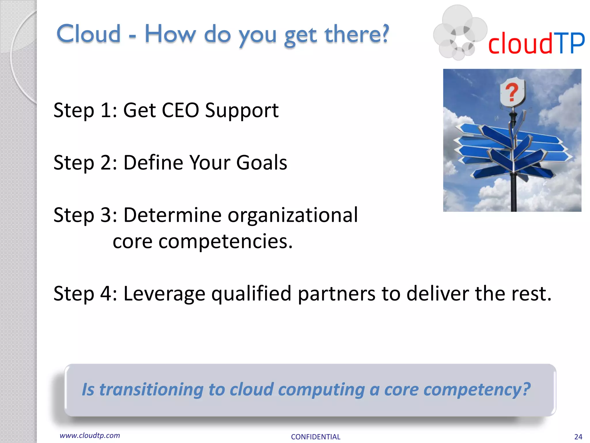 Cloud - How do you get there?

Step 1: Get CEO Support

Step 2: Define Your Goals

Step 3: Determine organizational
      core competencies.

Step 4: Leverage qualified partners to deliver the rest.



     Is transitioning to cloud computing a core competency?

www.cloudtp.com               CONFIDENTIAL                    24
 