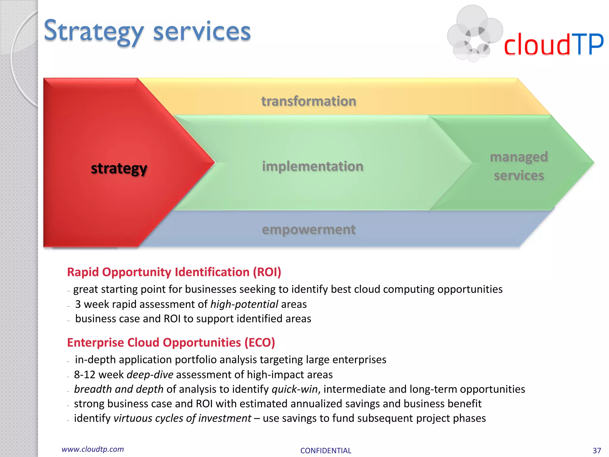 Strategy services

                                             transformation


                                                                                             managed
         strategy                            implementation
                                                                                             services


                                             empowerment

  Rapid Opportunity Identification (ROI)
      great starting point for businesses seeking to identify best cloud computing opportunities
      3 week rapid assessment of high-potential areas
      business case and ROI to support identified areas

  Enterprise Cloud Opportunities (ECO)
  -   in-depth application portfolio analysis targeting large enterprises
  -   8-12 week deep-dive assessment of high-impact areas
  -   breadth and depth of analysis to identify quick-win, intermediate and long-term opportunities
  -   strong business case and ROI with estimated annualized savings and business benefit
  -   identify virtuous cycles of investment – use savings to fund subsequent project phases

 www.cloudtp.com                                     CONFIDENTIAL                                       37
 