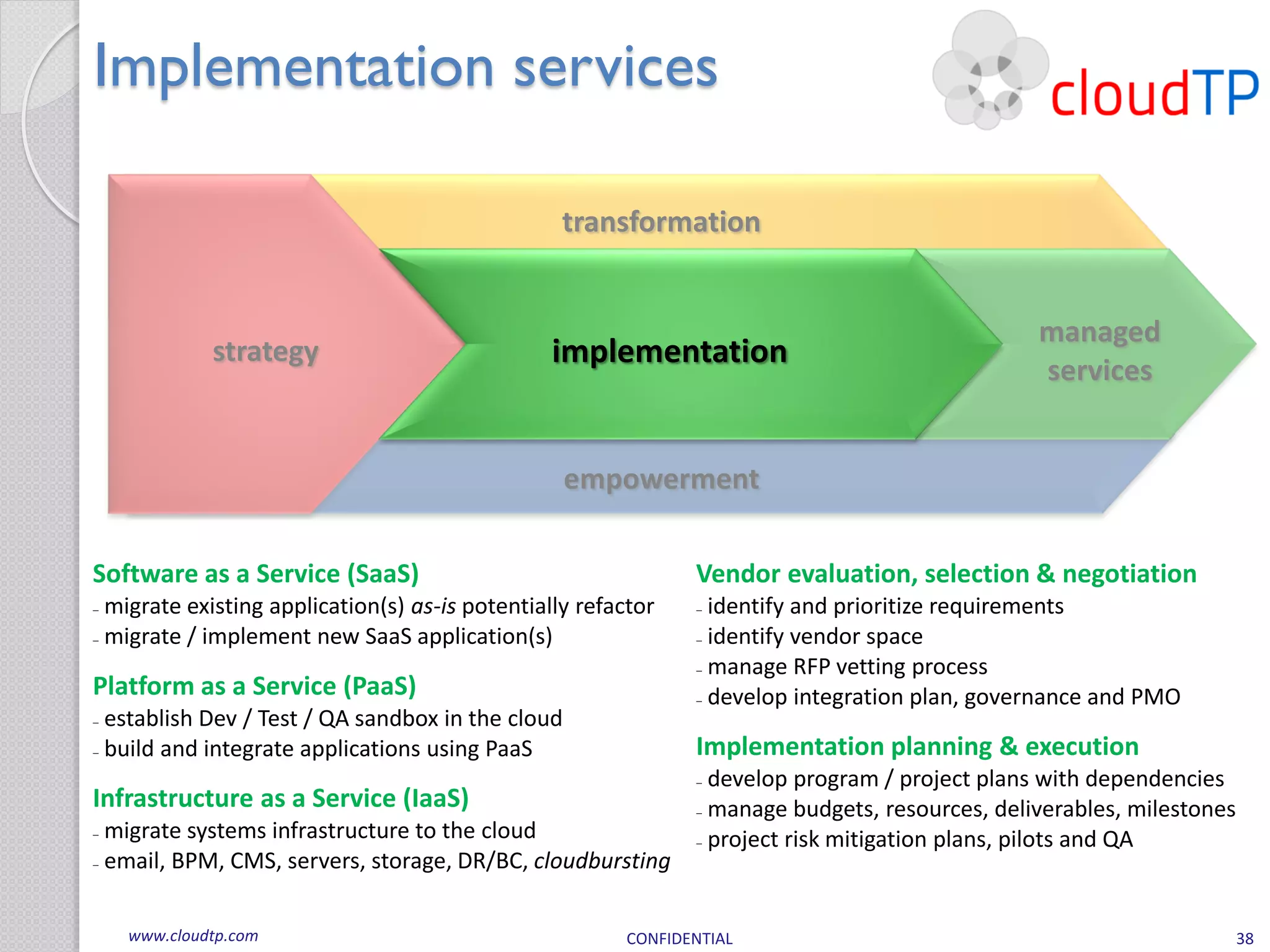 Implementation services

                                                 transformation


                                                                                                managed
            strategy                            implementation
                                                                                                services


                                                  empowerment

Software as a Service (SaaS)                                   Vendor evaluation, selection & negotiation
 migrate existing application(s) as-is potentially refactor      identify and prioritize requirements
 migrate / implement new SaaS application(s)                     identify vendor space
                                                                 manage RFP vetting process
Platform as a Service (PaaS)                                     develop integration plan, governance and PMO
 establish Dev / Test / QA sandbox in the cloud
 build and integrate applications using PaaS                   Implementation planning & execution
                                                                 develop program / project plans with dependencies
Infrastructure as a Service (IaaS)                               manage budgets, resources, deliverables, milestones
 migrate systems infrastructure to the cloud                     project risk mitigation plans, pilots and QA
 email, BPM, CMS, servers, storage, DR/BC, cloudbursting

   www.cloudtp.com                                      CONFIDENTIAL                                                   38
 