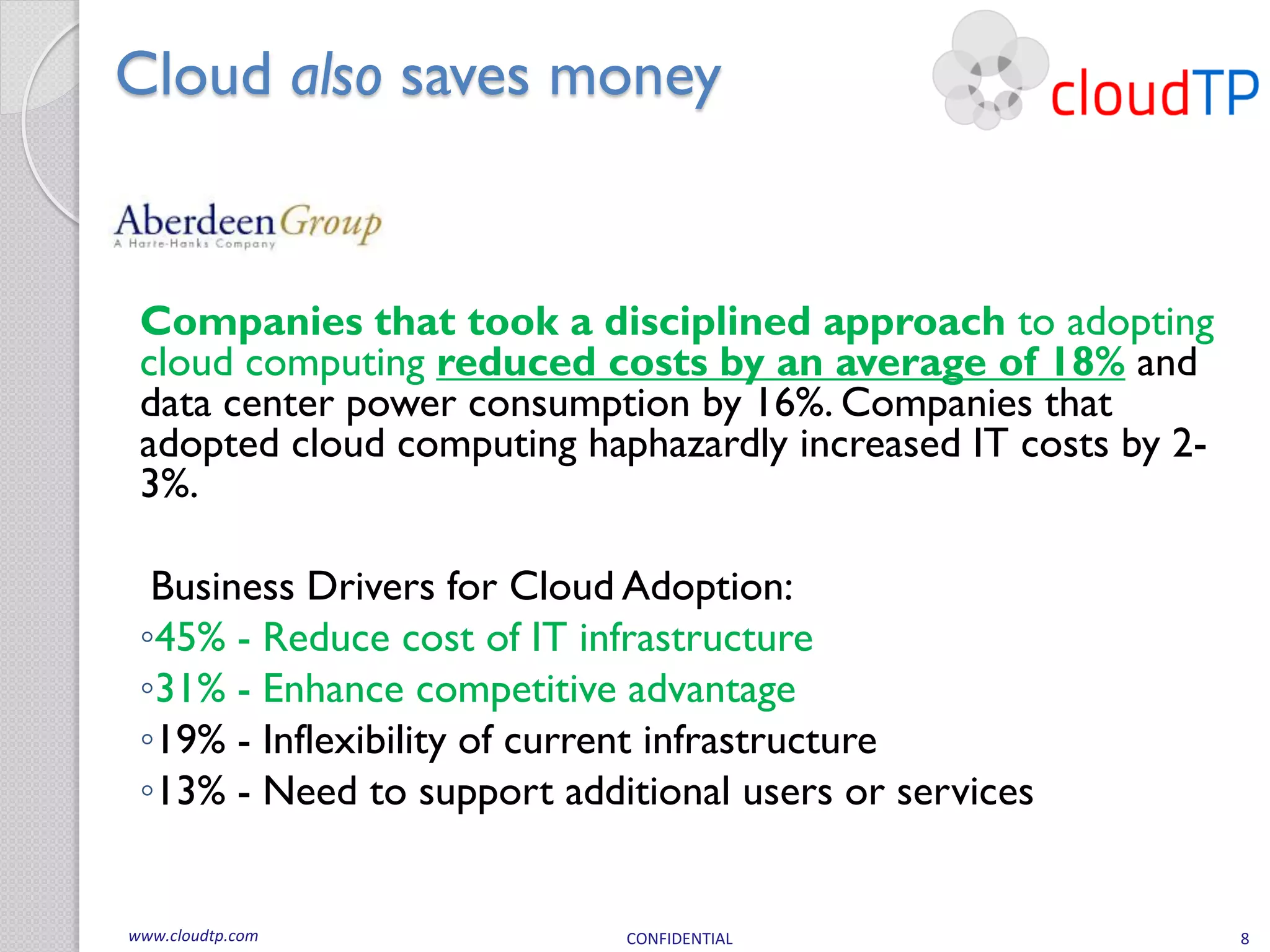 Cloud also saves money


 Companies that took a disciplined approach to adopting
 cloud computing reduced costs by an average of 18% and
 data center power consumption by 16%. Companies that
 adopted cloud computing haphazardly increased IT costs by 2-
 3%.

  Business Drivers for Cloud Adoption:
 ◦45% - Reduce cost of IT infrastructure
 ◦31% - Enhance competitive advantage
 ◦19% - Inflexibility of current infrastructure
 ◦13% - Need to support additional users or services


www.cloudtp.com             CONFIDENTIAL                        8
 
