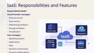 IaaS: Responsibilities and Features
Responsibility Model
Cloud Provider manages:
o Physical servers
o Data centers
o Networking hardware
o Storage hardware
o Virtualization
User manages:
o Operating system
o Applications
o Data
o Runtime environment
o Security configurations
 