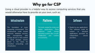 Using a cloud provider is a helpful way to access computing services that you
would otherwise have to provide on your own, such as:
Why go for CSP
The foundation of every
computing environment. This
infrastructure could include
networks, database services,
data management, data
storage (known in this context
as cloud storage), servers
(cloud is the basis for
serverless computing), and
virtualization.
Infrastructure Platforms
The tools needed to create and
deploy applications. These
platforms could include
operating systems like Linux®,
middleware, and runtime
environments.
Software
Ready-to-use applications.
This software could be
custom or standard
applications provided by
independent service
providers.
 