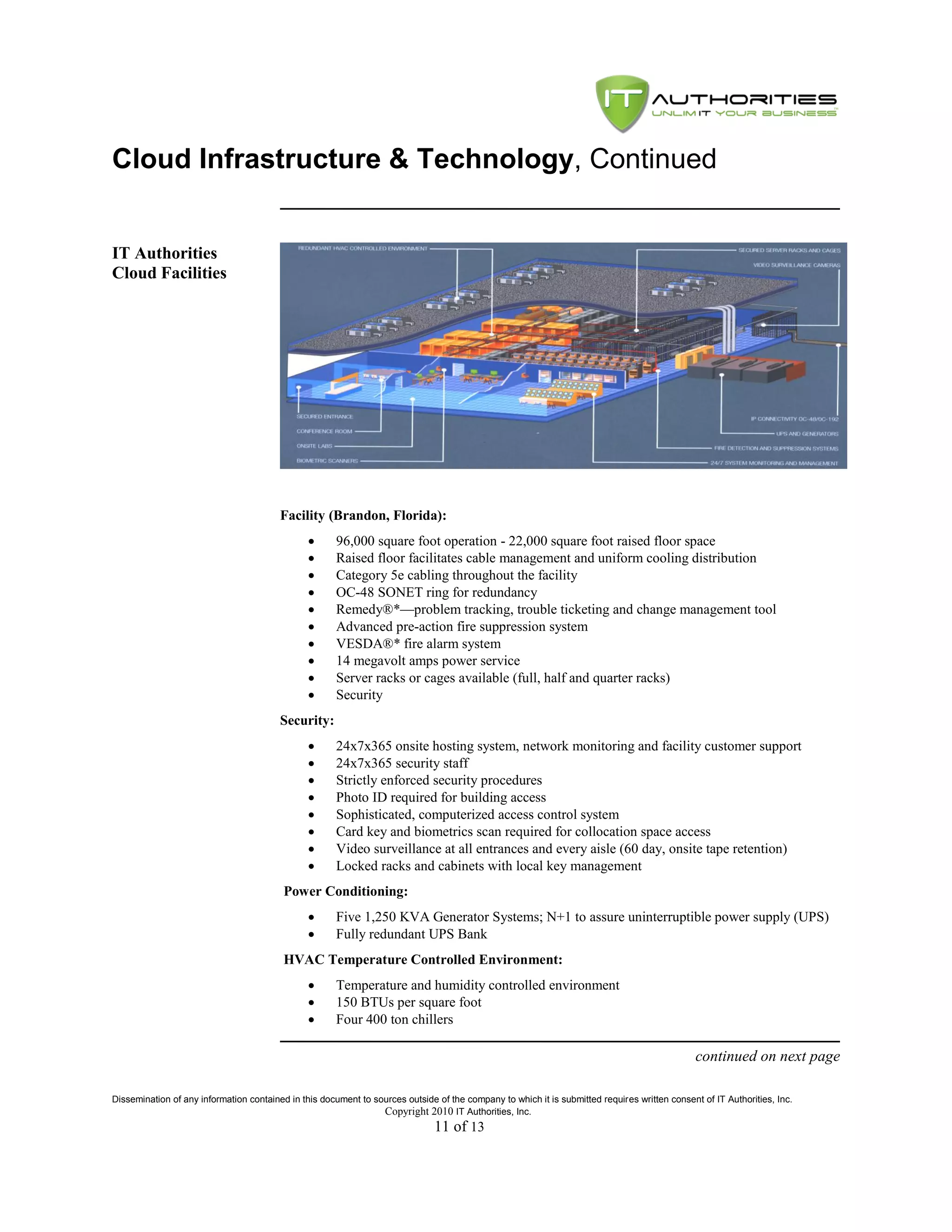 Cloud Infrastructure & Technology, Continued


IT Authorities
Cloud Facilities




                                         Facility (Brandon, Florida):
                                                     96,000 square foot operation - 22,000 square foot raised floor space
                                                     Raised floor facilitates cable management and uniform cooling distribution
                                                     Category 5e cabling throughout the facility
                                                     OC-48 SONET ring for redundancy
                                                     Remedy®*—problem tracking, trouble ticketing and change management tool
                                                     Advanced pre-action fire suppression system
                                                     VESDA®* fire alarm system
                                                     14 megavolt amps power service
                                                     Server racks or cages available (full, half and quarter racks)
                                                     Security
                                         Security:
                                                     24x7x365 onsite hosting system, network monitoring and facility customer support
                                                     24x7x365 security staff
                                                     Strictly enforced security procedures
                                                     Photo ID required for building access
                                                     Sophisticated, computerized access control system
                                                     Card key and biometrics scan required for collocation space access
                                                     Video surveillance at all entrances and every aisle (60 day, onsite tape retention)
                                                     Locked racks and cabinets with local key management
                                          Power Conditioning:
                                                     Five 1,250 KVA Generator Systems; N+1 to assure uninterruptible power supply (UPS)
                                                     Fully redundant UPS Bank
                                          HVAC Temperature Controlled Environment:
                                                     Temperature and humidity controlled environment
                                                     150 BTUs per square foot
                                                     Four 400 ton chillers

                                                                                                                                               continued on next page

Dissemination of any information contained in this document to sources outside of the company to which it is submitted requires written consent of IT Authorities, Inc.
                                                                 Copyright 2010 IT Authorities, Inc.
                                                                               11 of 13
 