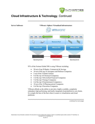Cloud Infrastructure & Technology, Continued


Server Software                                                       VMware vSphere Virtualized Infrastructure




                                         95% of the Fortune Global 500 is using VMware including:
                                                     50 out of top 50 Banks: Commercial & Savings
                                                     10 out of the top 10 Aerospace and Defense Companies
                                                     5 out of the 5 Global Airlines
                                                     9 of the top 10 Chemical Companies
                                                     5 of the top 5 Diversified Financial Companies
                                                     5 of the top 5 Energy Companies
                                                     4 of the top 4 Entertainment Companies s
                                                     10 out of the 10 Pharmaceutical Companies
                                                     4 of the top 4 Securities Companies
                                         VMware affords us the ability to provide a highly available, completely
                                         redundant, high performing, and totally integrated cloud platform to our clients.
                                         It is simply the best of the best when it comes to virtualization and cloud
                                         platforms.


                                                                                                                                               continued on next page




Dissemination of any information contained in this document to sources outside of the company to which it is submitted requires written consent of IT Authorities, Inc.
                                                                 Copyright 2010 IT Authorities, Inc.
                                                                               6 of 13
 