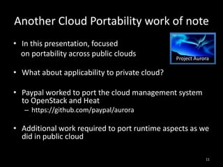 Another Cloud Portability work of note
• In this presentation, focused
on portability across public clouds

Project Aurora

• What about applicability to private cloud?

• Paypal worked to port the cloud management system
to OpenStack and Heat
– https://github.com/paypal/aurora

• Additional work required to port runtime aspects as we
did in public cloud
11

 