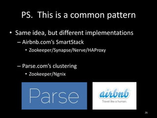 PS. This is a common pattern
• Same idea, but different implementations
– Airbnb.com’s SmartStack
• Zookeeper/Synapse/Nerve/HAProxy

– Parse.com’s clustering
• Zookeeper/Ngnix

26

 