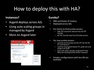 How to deploy this with HA?
Instances?
• Asgard deploys across AZs
• Using auto scaling groups in
managed by Asgard
• More on Asgard later

Eureka?
•
•

DNS and Elastic IP trickery
Deployed across AZs

•

For clients to find eureka servers
–

–

•

For new eureka servers
–
–
–

•

DNS TXT record for domain lists AZ TXT
records
AZ TXT records have list of Eureka servers

Look for list of eureka servers IP’s for the AZ
it’s coming up in
Look for unassigned elastic IP’s, grab one and
assign it to itself
Sync with other already assigned IP’s that
likely are hosting Eureka server instances

Simpler configurations with less HA are
available
27

 