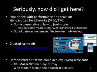Seriously, how did I get here?
• Experience with performance and scale on
standardized benchmarks (SPEC/TPC)
– Non representative of how to (web) scale
• Pinning, biggest monolithic DB “wins”, hand tuned for fixed size

– Out of date on modern architecture for mobile/cloud

• Created Acme Air
– http://bit.ly/acmeairblog

• Demonstrated that we could achieve (web) scale runs
– 4B+ Mobile/Browser request/day
– With modern mobile and cloud best practices

6

 