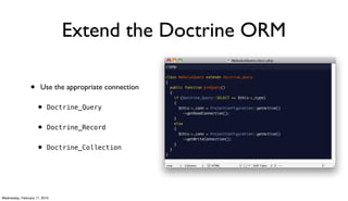Extend the Doctrine ORM

                 •     Use the appropriate connection

                     • Doctrine_Query
                     • Doctrine_Record
                     • Doctrine_Collection



Wednesday, February 17, 2010
 