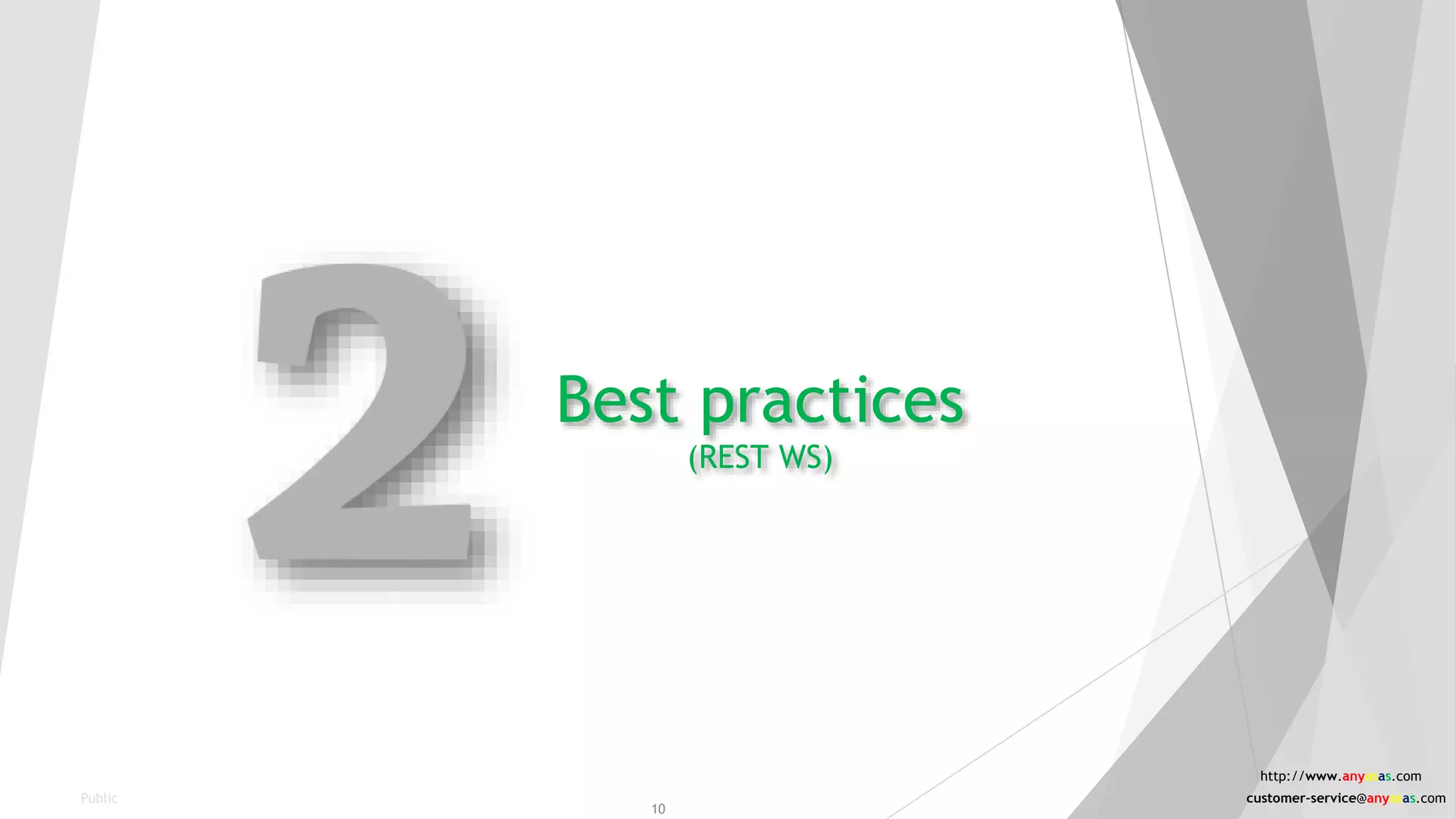 Best practices
(REST WS)
Public
10
http://www.anyasas.com
customer-service@anyasas.com
 