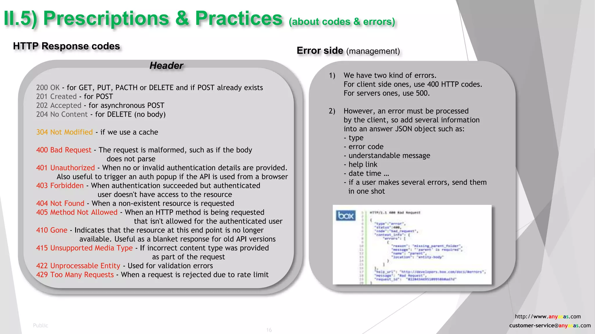II.5) Prescriptions & Practices (about codes & errors)
Error side (management)
1) We have two kind of errors.
For client side ones, use 400 HTTP codes.
For servers ones, use 500.
2) However, an error must be processed
by the client, so add several information
into an answer JSON object such as:
- type
- error code
- understandable message
- help link
- date time …
- if a user makes several errors, send them
in one shot
HTTP Response codes
Header
200 OK - for GET, PUT, PACTH or DELETE and if POST already exists
201 Created - for POST
202 Accepted - for asynchronous POST
204 No Content - for DELETE (no body)
304 Not Modified - if we use a cache
400 Bad Request - The request is malformed, such as if the body
does not parse
401 Unauthorized - When no or invalid authentication details are provided.
Also useful to trigger an auth popup if the API is used from a browser
403 Forbidden - When authentication succeeded but authenticated
user doesn't have access to the resource
404 Not Found - When a non-existent resource is requested
405 Method Not Allowed - When an HTTP method is being requested
that isn't allowed for the authenticated user
410 Gone - Indicates that the resource at this end point is no longer
available. Useful as a blanket response for old API versions
415 Unsupported Media Type - If incorrect content type was provided
as part of the request
422 Unprocessable Entity - Used for validation errors
429 Too Many Requests - When a request is rejected due to rate limit
16
Public
http://www.anyasas.com
customer-service@anyasas.com
 