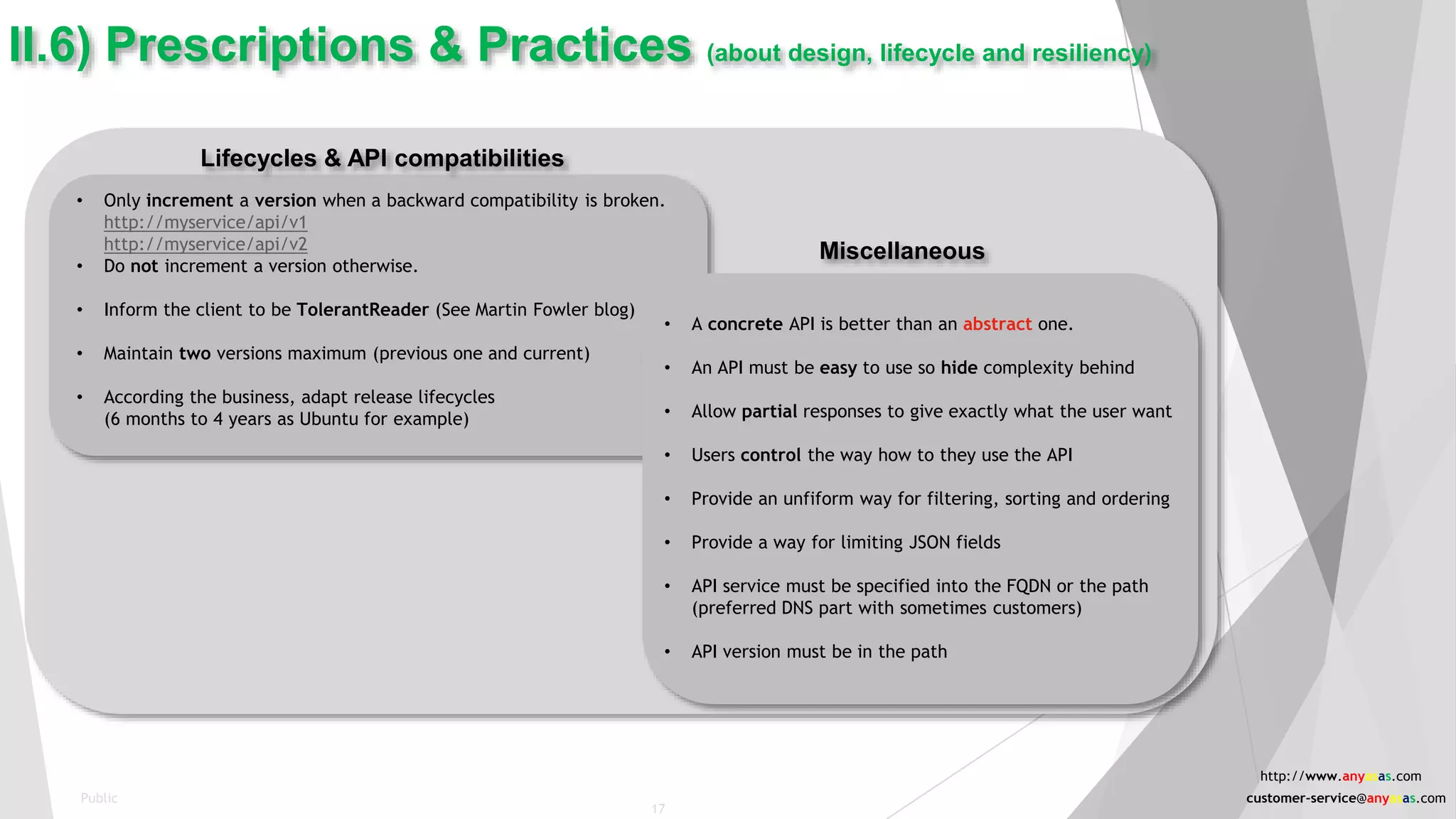 Lifecycles & API compatibilities
Miscellaneous
• Only increment a version when a backward compatibility is broken.
http://myservice/api/v1
http://myservice/api/v2
• Do not increment a version otherwise.
• Inform the client to be TolerantReader (See Martin Fowler blog)
• Maintain two versions maximum (previous one and current)
• According the business, adapt release lifecycles
(6 months to 4 years as Ubuntu for example)
II.6) Prescriptions & Practices (about design, lifecycle and resiliency)
• A concrete API is better than an abstract one.
• An API must be easy to use so hide complexity behind
• Allow partial responses to give exactly what the user want
• Users control the way how to they use the API
• Provide an unfiform way for filtering, sorting and ordering
• Provide a way for limiting JSON fields
• API service must be specified into the FQDN or the path
(preferred DNS part with sometimes customers)
• API version must be in the path
Public
17
http://www.anyasas.com
customer-service@anyasas.com
 