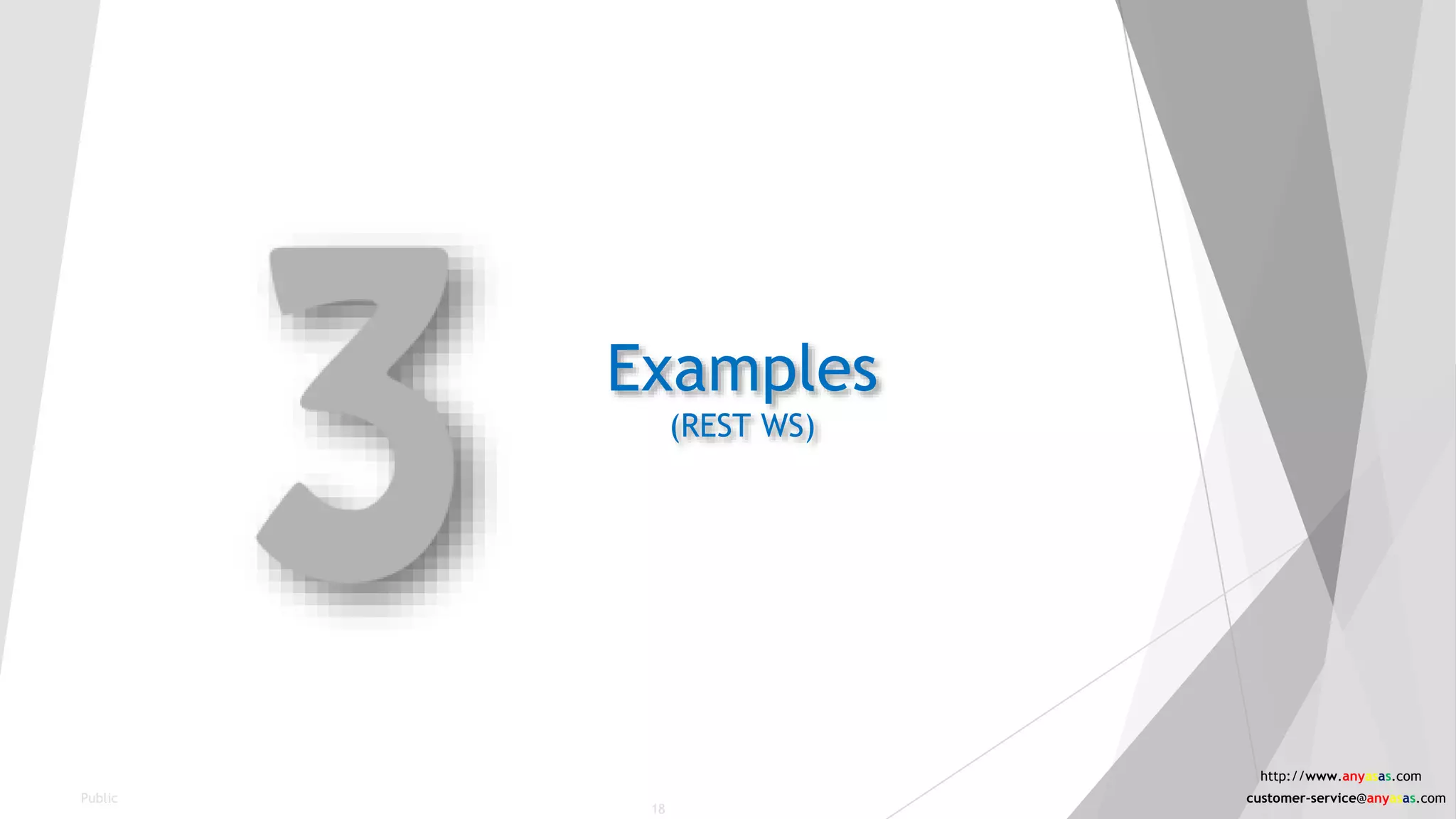 Examples
(REST WS)
Public
18
http://www.anyasas.com
customer-service@anyasas.com
 