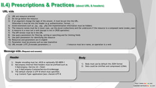 Public
15
23 August
2017
II.4) Prescriptions & Practices (about URL & headers)
URL side
1) URL are resource oriented
2) Do not go below the resource
3) If an argument change the logic of the answer, it must be put into the URL.
Otherwise it must be into the header (e.g: authentication, format, …)
4) Avoid extensions such as .jsp, .asp, .php (the implementation information must be hidden)
5) The resource names must be in lower case, use the plural (collections) and the underscore if the resource is a composed name (snake_case)
6) A resource is a noun not a verb (except is not in CRUD operation)
7) The API version must be in the URL
8) Use query parameters for filtering, sorting or searching and for limiting fields
9) Use path parameters for identifying the resource
10) Resources and parameters are in english
11) Parameter must be process such as case insensitive
12) URL encode ( UTF_8 encode( parameters ) ) //resource must be e name, an operation is a verb
Message side (Request and answer)
Header
1) Header encoding must be: ASCII or optionally ISO-8859-1
2) MyCompany Internal field headers must be prefixed such as
X-MyCompany-<Service id>-<field>
e.g: X-MyCompany-CustomerService-ErrorMessage
3) The default charset is UTF-8 which must specified.
e.g: Content-Type: application/json; charset=UTF-8
Body
1) Body must use by default the JSON format
2) Data could be minified and compressed (LZMA)
15
Public
http://www.anyasas.com
customer-service@anyasas.com
 