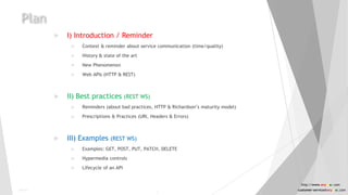 Plan
 I) Introduction / Reminder
 Context & reminder about service communication (time/quality)
 History & state of the art
 New Phenomenon
 Web APIs (HTTP & REST)
 II) Best practices (REST WS)
 Reminders (about bad practices, HTTP & Richardson’s maturity model)
 Prescriptions & Practices (URI, Headers & Errors)
 III) Examples (REST WS)
 Examples: GET, POST, PUT, PATCH, DELETE
 Hypermedia controls
 Lifecycle of an API
Public
2
http://www.anyasas.com
customer-service@anyasas.com
 