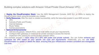 Building complex solutions with Amazon Virtual Private Cloud (Amazon VPC)
2. Deploy the CloudFormation Stack: Use the AWS Management Console, AWS CLI, or SDKs to deploy the
CloudFormation stack using the template you created.
3. Verify Resources: After the stack is created successfully, verify the resources created in your AWS account:
● VPC
● Subnets (Public and Private)
● Internet Gateway
● Route Tables
● Subnet associations
4. Optional Enhancements:
● Add security groups, network ACLs, and route tables as per your requirements.
● Configure NAT gateways or instances for private subnets to access the internet.
● Implement VPC peering for communication between VPCs.
This example provides a basic setup of a VPC with public and private subnets. You can further enhance and
customize the VPC based on your specific use case and requirements. Additionally, you can use AWS
CloudFormation to update or delete the stack, ensuring that your infrastructure remains consistent and manageable
over time.
 