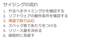 1. やるべきタイミングかを確認する
2. ソフトウェアの動作条件を確認する
3. 用途で絞り込む
4. スペック表であたりをつける
5. リソース量を決める
6. 継続的に見直す
 