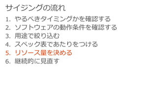 1. やるべきタイミングかを確認する
2. ソフトウェアの動作条件を確認する
3. 用途で絞り込む
4. スペック表であたりをつける
5. リソース量を決める
6. 継続的に見直す
 