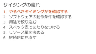 1. やるべきタイミングかを確認する
2. ソフトウェアの動作条件を確認する
3. 用途で絞り込む
4. スペック表であたりをつける
5. リソース量を決める
6. 継続的に見直す
 