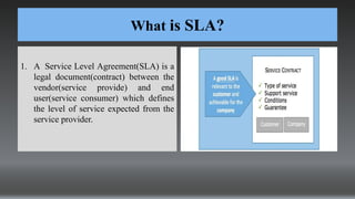 What is SLA?
1. A Service Level Agreement(SLA) is a
legal document(contract) between the
vendor(service provide) and end
user(service consumer) which defines
the level of service expected from the
service provider.
 