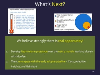 What’s Next?
We believe strongly there is real opportunity!
1. Develop high-volume prototype over the next 3 months working closely
with McAfee
2. Then, re-engage with the early adopter pipeline - Cisco,Adaptive
Insights, and Gainsight
16
 