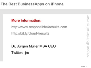 The Best BusinessApps on iPhone 01.03.10   More information: http://www.responsible4results.com http://bit.ly/cloud4results Dr. Jürgen Müller,MBA CEO Twitter: -jm- 