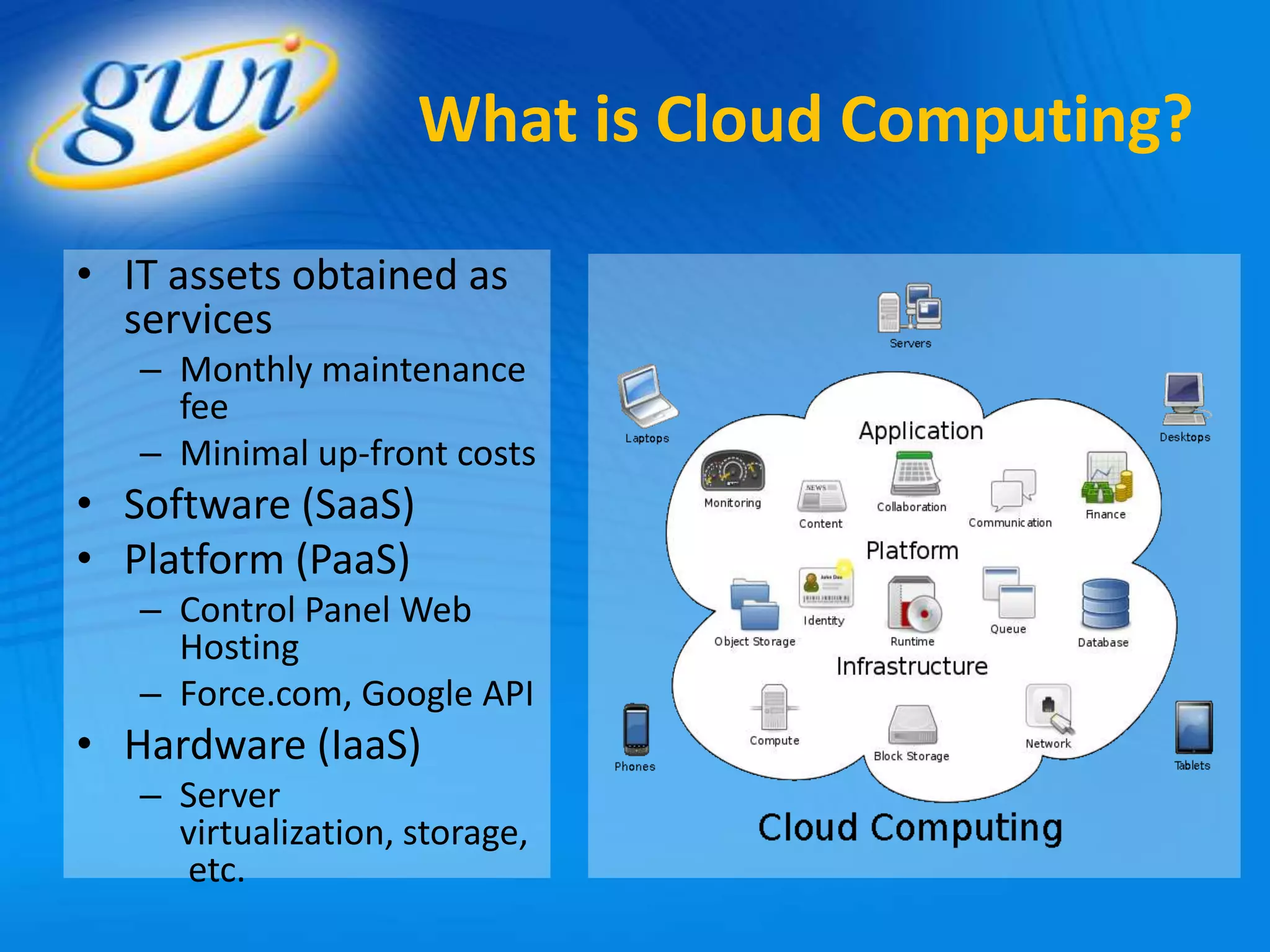 What is Cloud Computing?

• IT assets obtained as
  services
   – Monthly maintenance
     fee
   – Minimal up-front costs
• Software (SaaS)
• Platform (PaaS)
   – Control Panel Web
     Hosting
   – Force.com, Google API
• Hardware (IaaS)
   – Server
     virtualization, storage,
     etc.
 