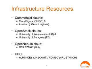 Infrastructure Resources
• Commercial clouds:
– CloudSigma (CH/DE) &
– Amazon (different regions)
• OpenStack clouds:
– Un...