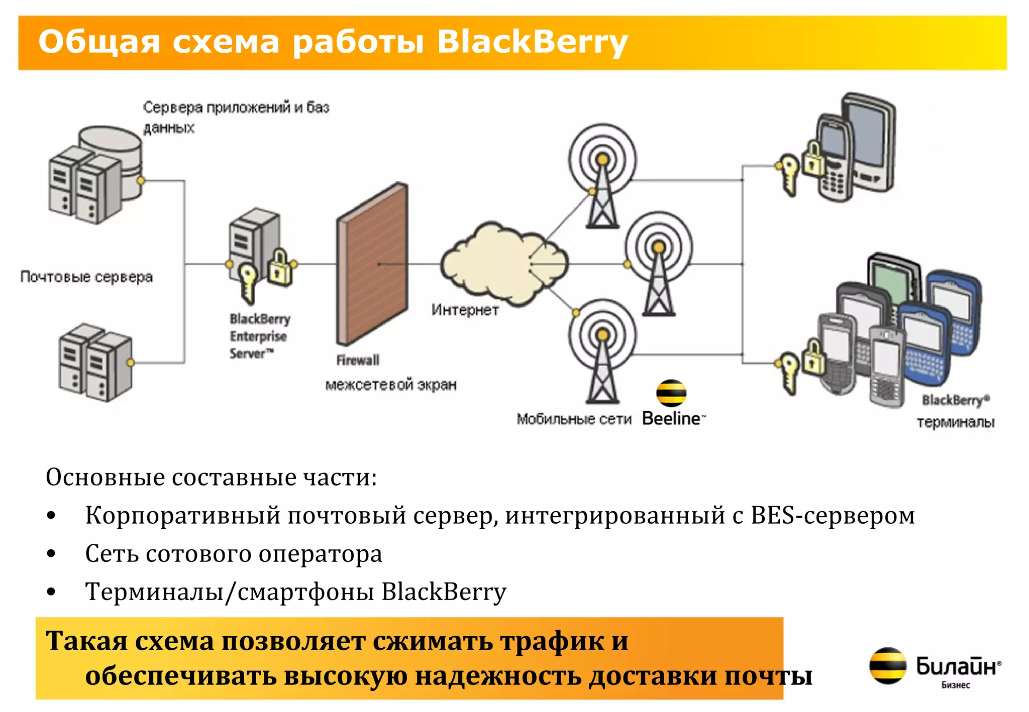 Общая схема работы BlackBerry




Основные составные части:
• Корпоративный почтовый сервер, интегрированный с BES-сервером
• Сеть сотового оператора
• Терминалы/смартфоны BlackBerry
Такая схема позволяет сжимать трафик и
  обеспечивать высокую надежность доставки почты
 