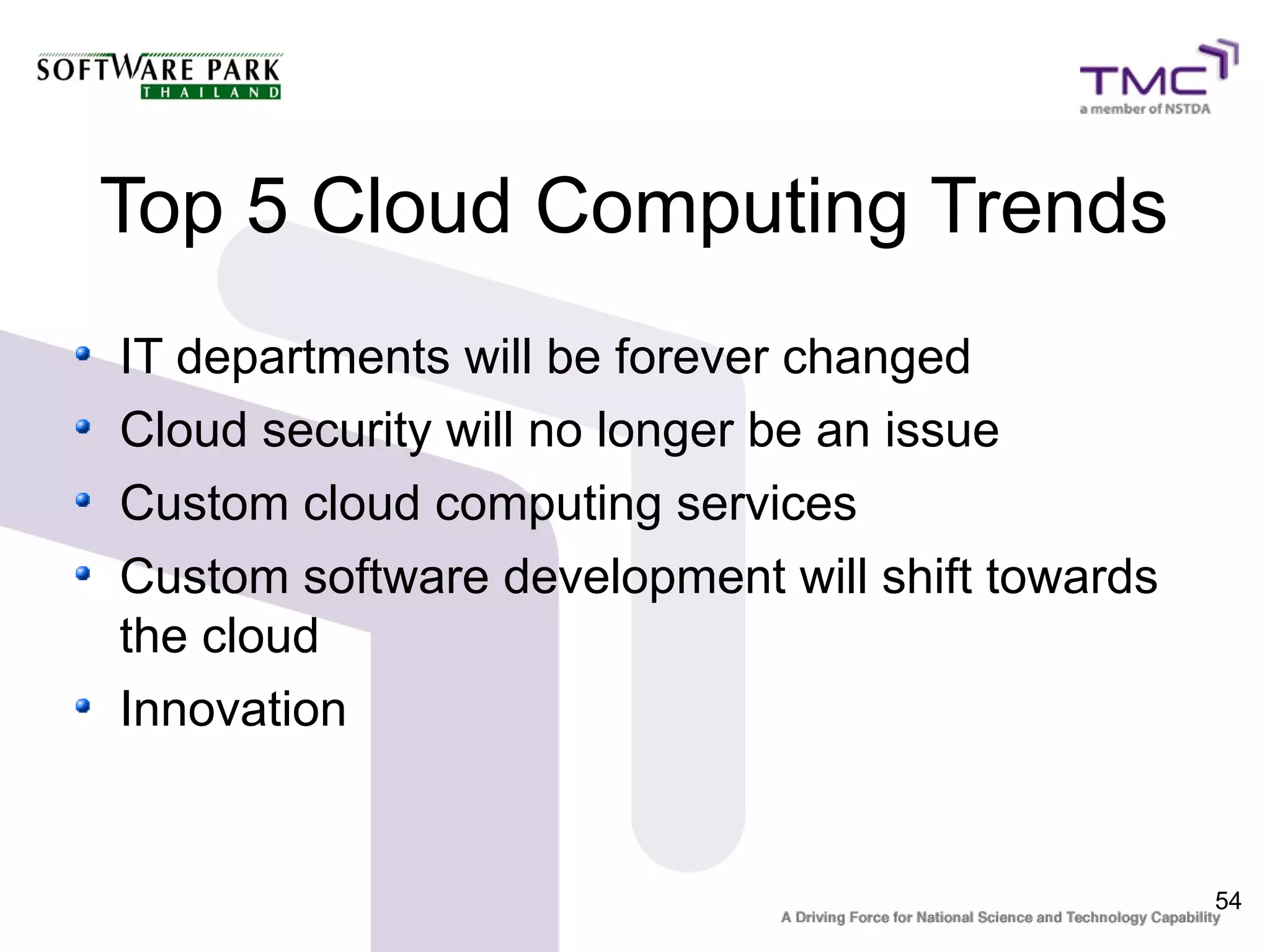 Top 5 Cloud Computing Trends
IT departments will be forever changed
Cloud security will no longer be an issue
Custom cloud computing services
Custom software development will shift towards
the cloud
Innovation


                                                 54
 