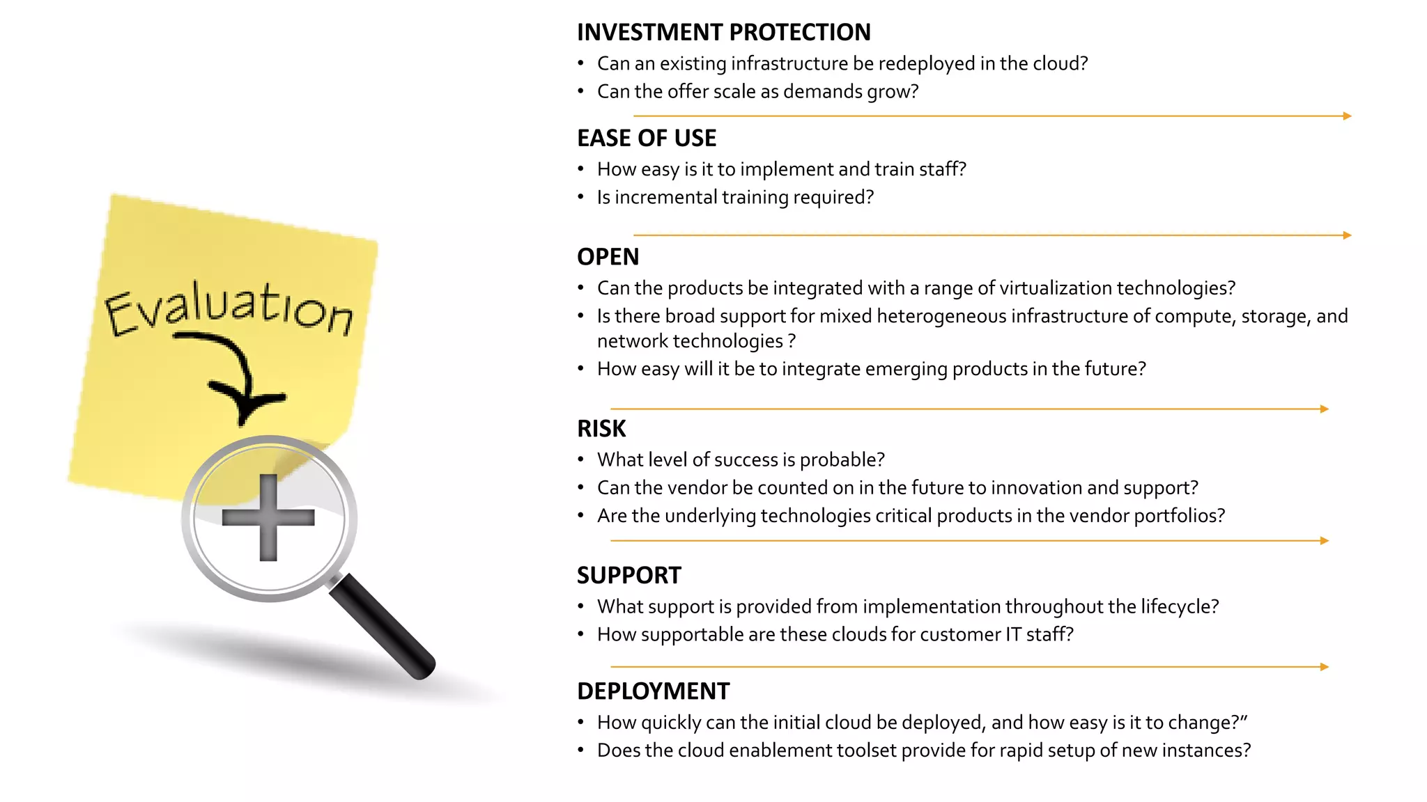INVESTMENT PROTECTION
• Can an existing infrastructure be redeployed in the cloud?
• Can the offer scale as demands grow?

EASE OF USE
• How easy is it to implement and train staff?
• Is incremental training required?

OPEN
• Can the products be integrated with a range of virtualization technologies?
• Is there broad support for mixed heterogeneous infrastructure of compute, storage, and
network technologies ?
• How easy will it be to integrate emerging products in the future?

RISK
• What level of success is probable?
• Can the vendor be counted on in the future to innovation and support?
• Are the underlying technologies critical products in the vendor portfolios?

SUPPORT
• What support is provided from implementation throughout the lifecycle?
• How supportable are these clouds for customer IT staff?

DEPLOYMENT
• How quickly can the initial cloud be deployed, and how easy is it to change?”
• Does the cloud enablement toolset provide for rapid setup of new instances?

 