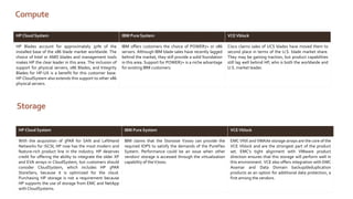 Compute
HP Cloud System

IBM Pure System

VCE Vblock

HP Blades account for approximately 50% of the
installed base of the x86 blade market worldwide. The
choice of Intel or AMD blades and management tools
makes HP the clear leader in this area. The inclusion of
support for physical servers, x86 Blades, and Integrity
Blades for HP-UX is a benefit for this customer base.
HP CloudSystem also extends this support to other x86
physical servers.

IBM offers customers the choice of POWER7+ or x86
servers. Although IBM blade sales have recently lagged
behind the market, they still provide a solid foundation
in this area. Support for POWER7+ is a niche advantage
for existing IBM customers.

Cisco claims sales of UCS blades have moved them to
second place in terms of the U.S. blade market share.
They may be gaining traction, but product capabilities
still lag well behind HP, who is both the worldwide and
U.S. market leader.

Storage
HP Cloud System

IBM Pure System

VCE Vblock

With the acquisition of 3PAR for SAN and LeftHand
Networks for iSCSI, HP now has the most modern and
feature-rich product line in the industry. HP deserves
credit for offering the ability to integrate the older XP
and EVA arrays in CloudSystem, but customers should
consider CloudSystem, which includes HP 3PAR
StoreServ, because it is optimized for the cloud.
Purchasing HP storage is not a requirement because
HP supports the use of storage from EMC and NetApp
with CloudSystems.

IBM claims that the Storwize V7000 can provide the
required IOPS to satisfy the demands of the PureFlex
System. Performance could be an issue when other
vendors’ storage is accessed through the virtualization
capability of the V7000.

EMC VNX and VMAXe storage arrays are the core of the
VCE Vblock and are the strongest part of the product
set. EMC’s tight alignment with VMware product
direction ensures that this storage will perform well in
this environment. VCE also offers integration with EMC
Avamar and Data Domain backup/deduplication
products as an option for additional data protection, a
first among the vendors.

 