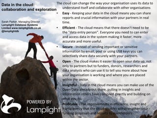 Data in the cloud:            The cloud can change the way your organisation uses its data to
                
collaboration and exploration    understand itself and collaborate with other organisations
                                   •   Easy - Keeping your data in the cloud means you can share
                                       reports and crucial information with your partners in real
Sarah Parker, Managing Director        time.
Lamplight Database Systems
Limited www.lamplightdb.co.uk      •   Efficient - The cloud means that there doesn't need to be
@lamplightdb
                                       the "data entry person". Everyone you need to can enter
                                       and access data in the system making it faster, more
                                       accurate and more useful.
                                   •   Secure - Instead of sending important or sensitive
                                       information by email, post or using USB keys you can
                                       selectively share data securely with your partners.
                                   •   Open - The cloud makes it easier to open your data up, not
                                       only to partners but to funders, donors, researchers and
                                       data analysts who can use it to tell you more about how
                                       your organisation is working and where you are placed
                                       within the sector.
                                   •   Insightful - Data in the cloud means you can make use of the
                                       Open Data already out there, pulling in insights and
                                       information others have compiled directly and building on
                                       what you do.
                                   •   Profitable - The improvements in efficiency, insight and
                                       transparency that the cloud enables will strengthen your
                                       funding proposals and reports to stakeholders.
 