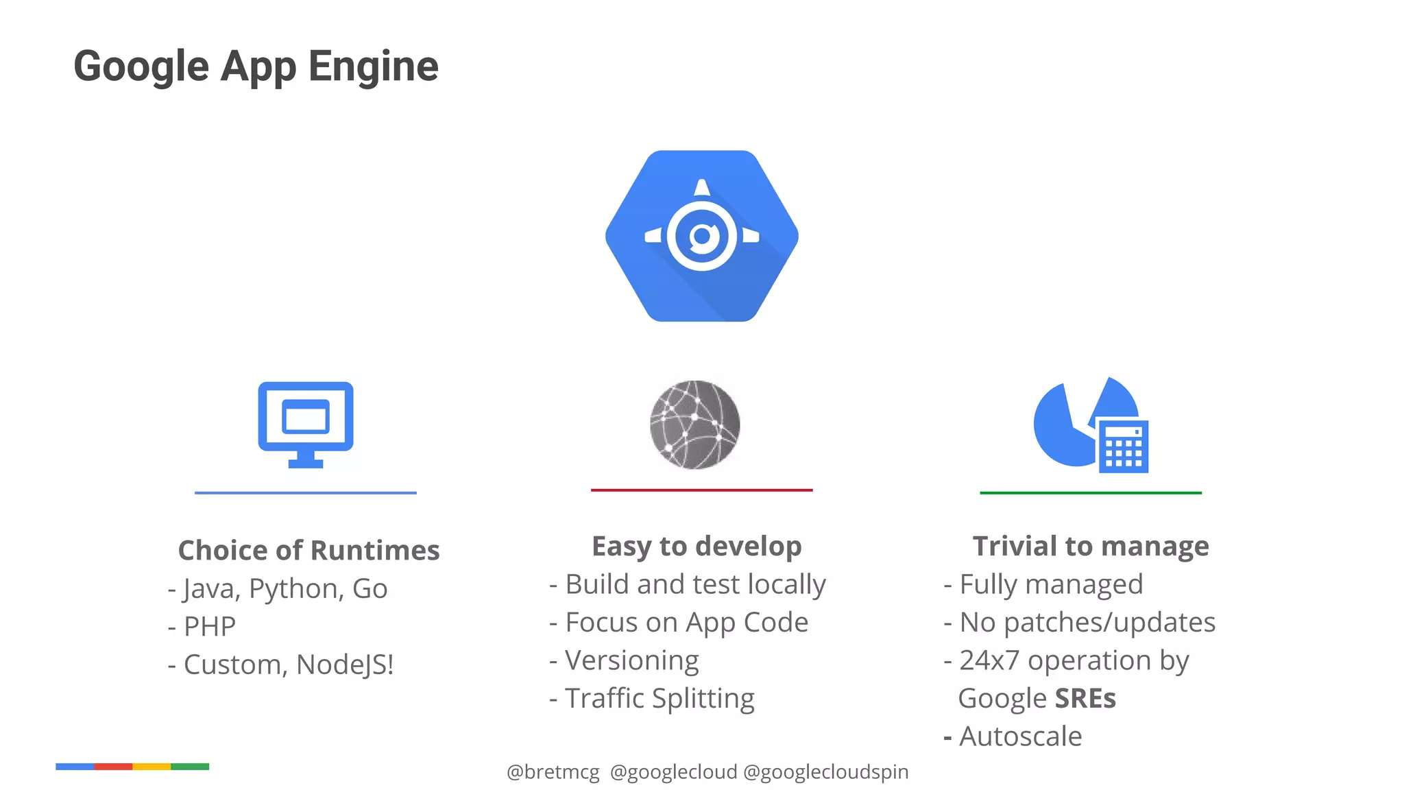@bretmcg @googlecloud @googlecloudspin
Google App Engine
Choice of Runtimes
- Java, Python, Go
- PHP
- Custom, NodeJS!
Easy to develop
- Build and test locally
- Focus on App Code
- Versioning
- Traffic Splitting
Trivial to manage
- Fully managed
- No patches/updates
- 24x7 operation by
Google SREs
- Autoscale
 