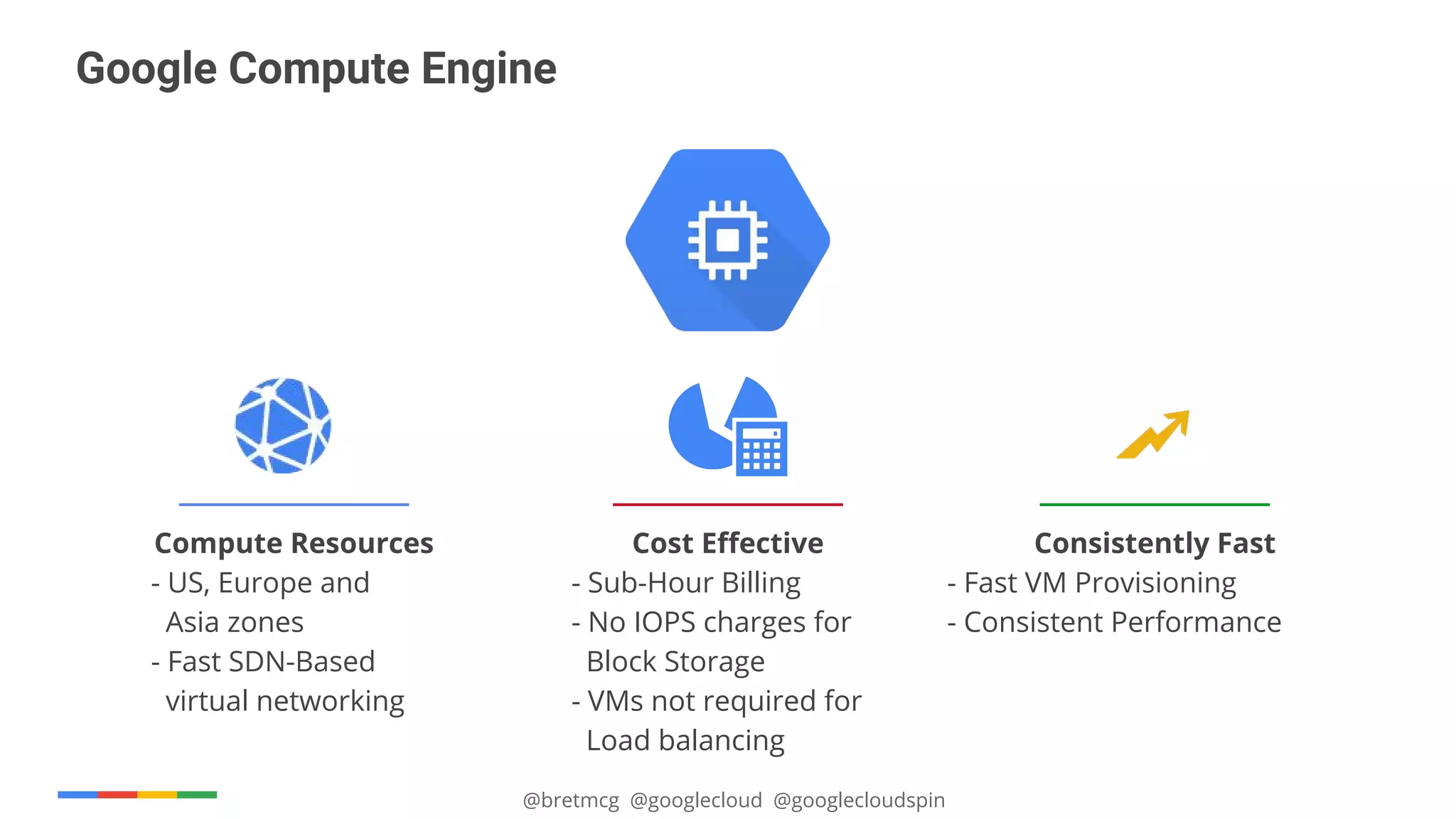 @bretmcg @googlecloud @googlecloudspin
Google Compute Engine
Compute Resources
- US, Europe and
Asia zones
- Fast SDN-Based
virtual networking
Consistently Fast
- Fast VM Provisioning
- Consistent Performance
Cost Effective
- Sub-Hour Billing
- No IOPS charges for
Block Storage
- VMs not required for
Load balancing
 