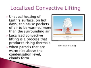  Unequal heating of
Earth’s surface, on hot
days, can cause pockets
of air to be warmed more
than the surrounding air
 Localized convective
lifting is a process that
produces rising thermals
 When parcels that are
warm rise above the
condensation level,
clouds form
santasusana.org
 