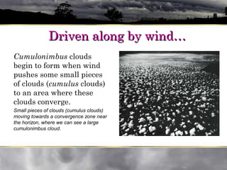 Driven along by wind…Driven along by wind…
Cumulonimbus clouds
begin to form when wind
pushes some small pieces
of clouds (cumulus clouds)
to an area where these
clouds converge.
Small pieces of clouds (cumulus clouds)
moving towards a convergence zone near
the horizon, where we can see a large
cumulonimbus cloud.
 