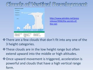 http://www.astrobio.net/press
                                release/3936/the-secrets-of-
                                the-rain




There are a few clouds that don’t fit into any one of the
 3 height categories.
These clouds are in the low height range but often
 extend upward into the middle or high altitudes.
Once upward movement is triggered, acceleration is
 powerful and clouds that have a high vertical range
 form.
 