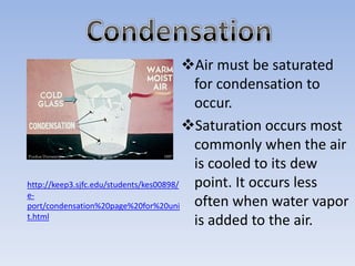 Air must be saturated
                                          for condensation to
                                          occur.
                                         Saturation occurs most
                                          commonly when the air
                                          is cooled to its dew
http://keep3.sjfc.edu/students/kes00898/  point. It occurs less
e-
port/condensation%20page%20for%20uni      often when water vapor
t.html
                                          is added to the air.
 