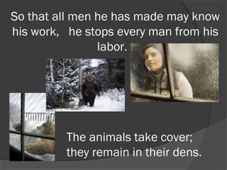 So that all men he has made may know
his work, he stops every man from his
labor.
 

The animals take cover;
they remain in their dens.

 