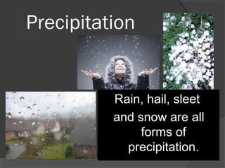 Precipitation

Rain, hail, sleet
and snow are all
forms of
precipitation.

 