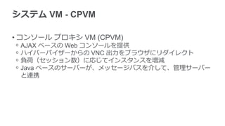 システム VM - CPVM
• コンソール プロキシ VM (CPVM)
ᵒ AJAX ベースの Web コンソールを提供
ᵒ ハイパーバイザーからの VNC 出力をブラウザにリダイレクト
ᵒ 負荷（セッション数）に応じてインスタンスを増減
ᵒ Java ベースのサーバーが、メッセージバスを介して、管理サーバー
と連携
 