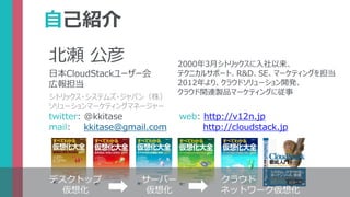 自己紹介
北瀬 公彦
日本CloudStackユーザー会
広報担当
シトリックス・システムズ・ジャパン（株）
ソリューションマーケティングマネージャー
twitter: @kkitase
mail: kkitase@gmail.com
2000年3月シトリックスに入社以来、
テクニカルサポート、R&D、SE、マーケティングを担当
2012年より、クラウドソリューション開発、
クラウド関連製品マーケティングに従事
デスクトップ
仮想化
サーバー
仮想化
クラウド
ネットワーク仮想化
web: http://v12n.jp
http://cloudstack.jp
 