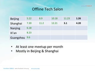 Oﬄine	
  Tech	
  Salon
Beijing 5.22 8.9 10.18 11.23 1.26
Shanghai 7.20 11.2 12.21 3.1 4.20
Nanjing 6.18
Xi’an 8.23
Guangzhou 9.6
•  At	
  least	
  one	
  meetup	
  per	
  month	
  
•  Mostly	
  in	
  Beijing	
  &	
  Shanghai
 